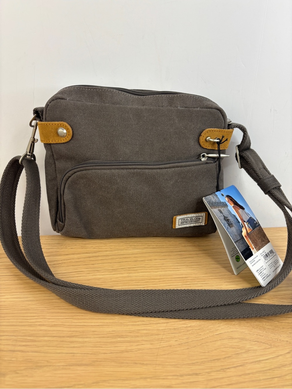 Travelon Anti-Theft Gray Canvas Heritage Crossbody Bag with Leather Accents NWT